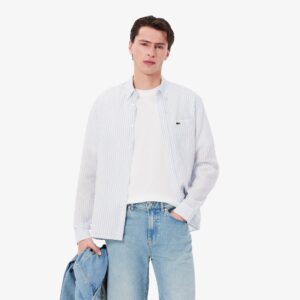 Lacoste Camicia a Maniche Lunghe di Lino a Righe da Uomo Regular Fit CH6985-E7B